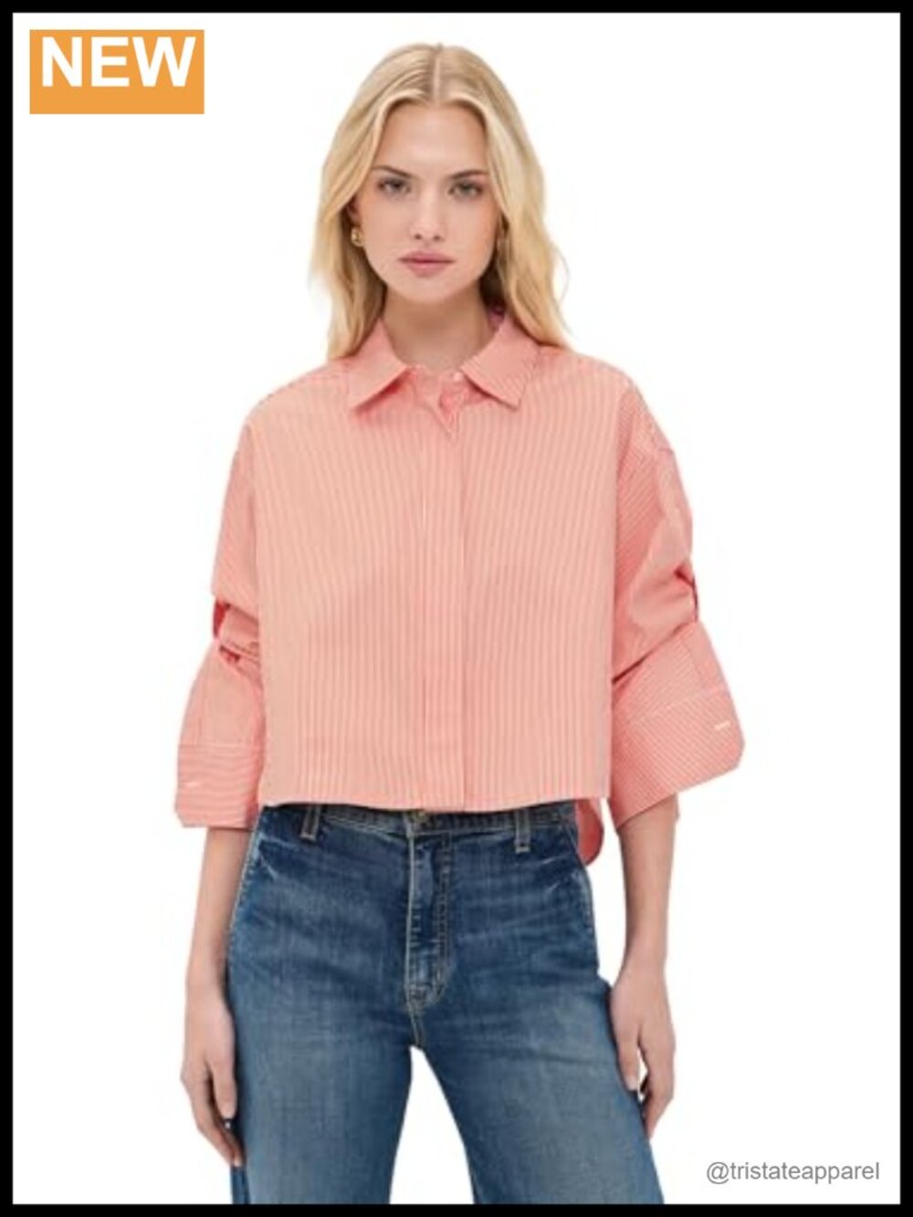 Crisp Cotton Poplin Cropped Oversized Button Down Shirt Convertible Cuffs